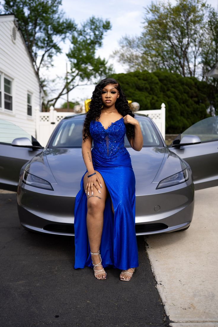 Robe de soirée élégante style sirène, décolleté en cœur, bleu roi, en dentelle, fendue, pour un 21e anniversaire, une remise de diplôme, RB923