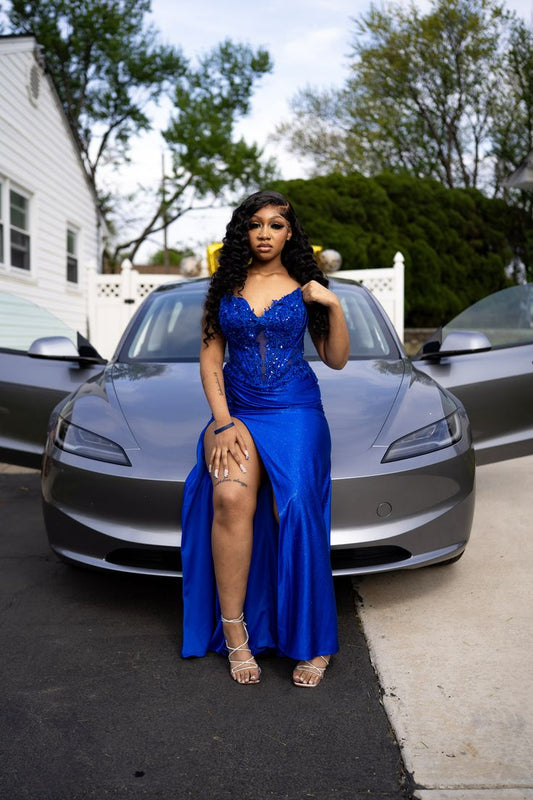 Robe de soirée élégante style sirène, décolleté en cœur, bleu roi, en dentelle, fendue, pour un 21e anniversaire, une remise de diplôme, RB923