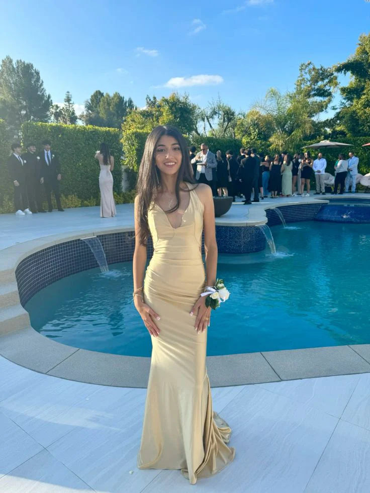 Robe de bal sirène unique en satin doré dos nu, longue robe de soirée, tenue d'anniversaire pour 21 ans, robe de remise de diplôme RB930