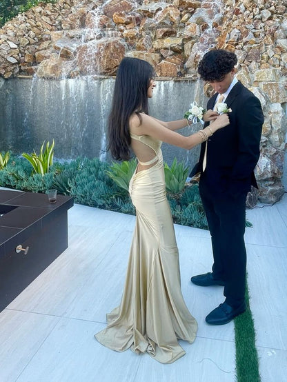 Robe de bal sirène unique en satin doré dos nu, longue robe de soirée, tenue d'anniversaire pour 21 ans, robe de remise de diplôme RB930