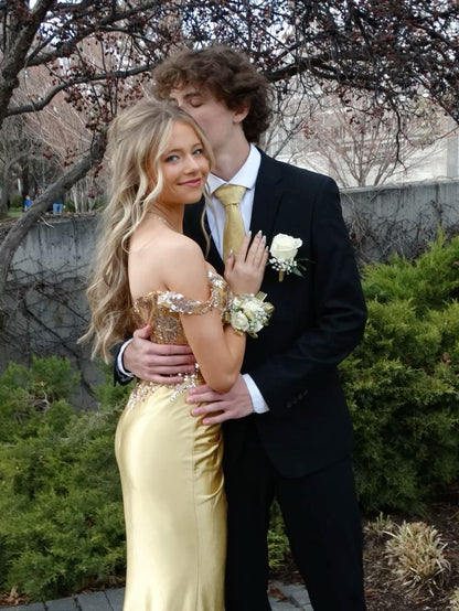 Classy Mermaid Off The Shoulder Gold Slit Sequins Prom Dresses Fancy Party Dress 18th Birthday Outfits Evening Long Dress RB931
