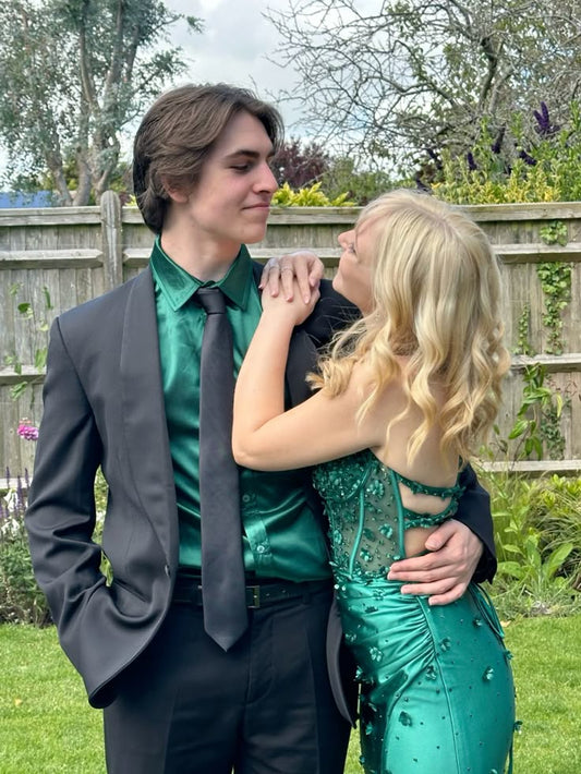 Classy Mermaid Dark Green Satin Beads Sequins Prom Dresses Fancy Party Dress 18th Birthday Outfits Evening Long Dress RB932