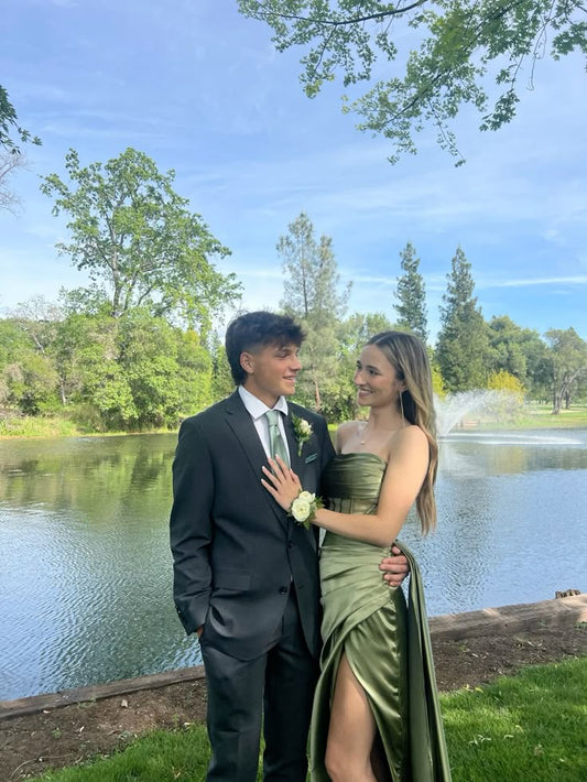 Unique Mermaid Strapless Satin Olive Green Slit Prom Dresses Long Party Dress 21st Birthday Outfits Graduation Dress RB935
