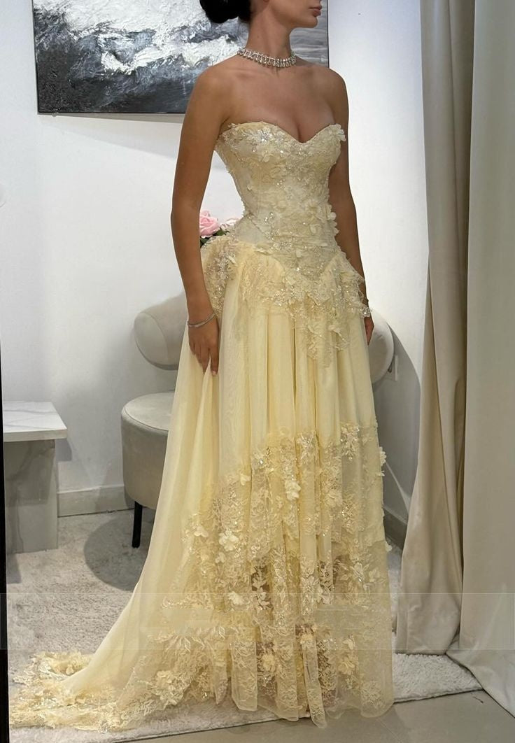 Modest A Line Sweetheart Yellow Chiffon Lace Prom Dresses Inspiration Prom Dress Senior Graduation Dress RB936