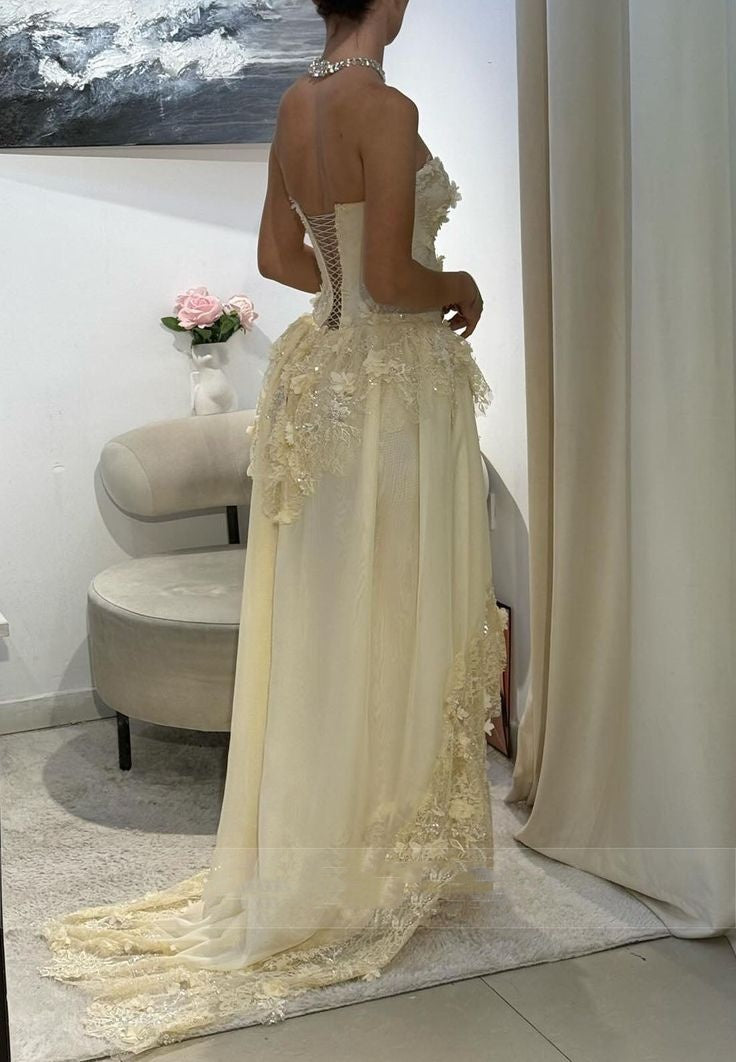 Modest A Line Sweetheart Yellow Chiffon Lace Prom Dresses Inspiration Prom Dress Senior Graduation Dress RB936