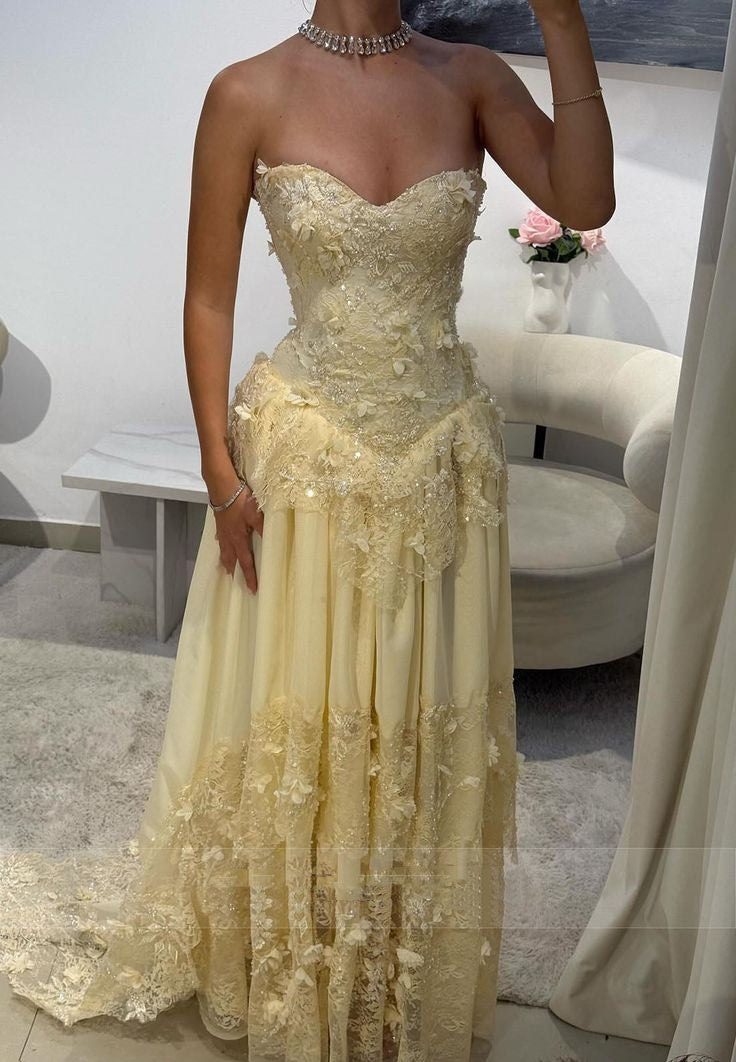 Modest A Line Sweetheart Yellow Chiffon Lace Prom Dresses Inspiration Prom Dress Senior Graduation Dress RB936