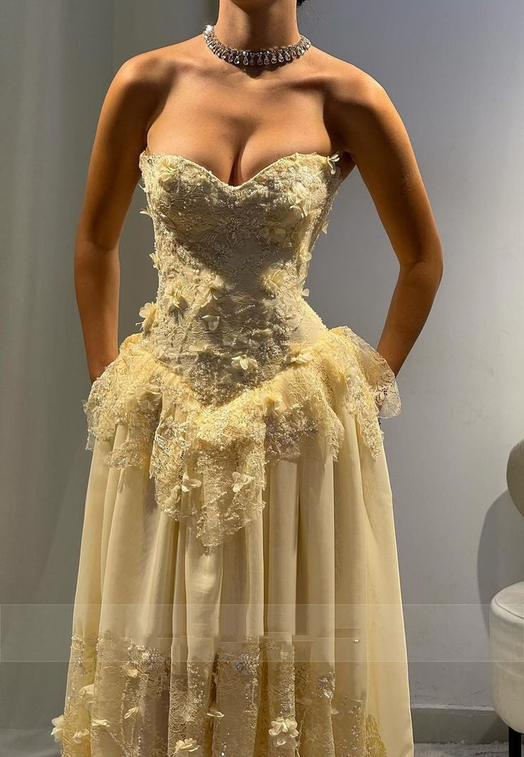 Modest A Line Sweetheart Yellow Chiffon Lace Prom Dresses Inspiration Prom Dress Senior Graduation Dress RB936