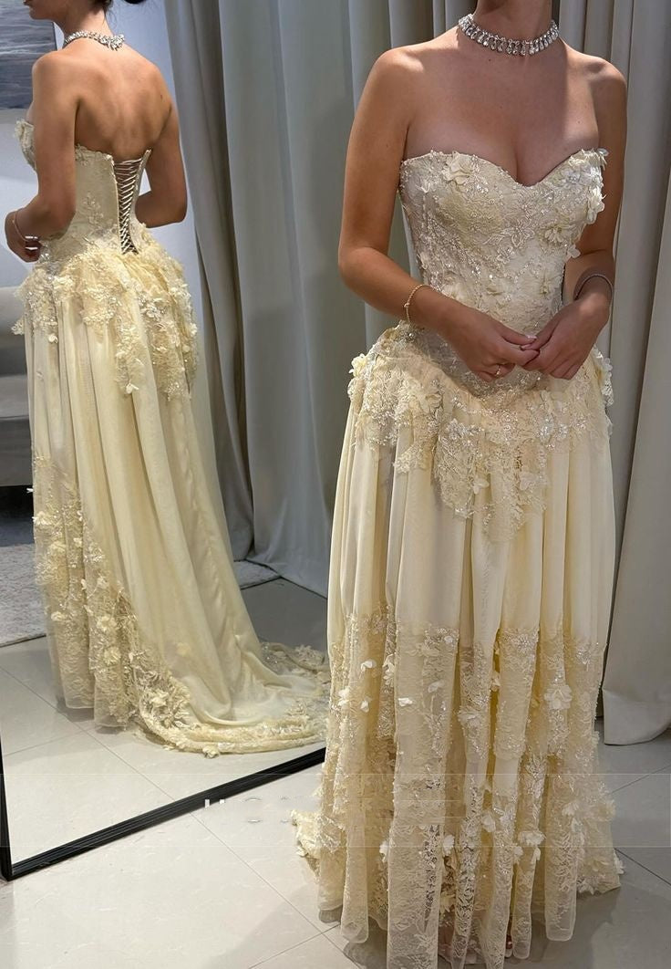 Modest A Line Sweetheart Yellow Chiffon Lace Prom Dresses Inspiration Prom Dress Senior Graduation Dress RB936