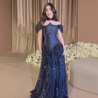 Robe de bal longue sexy en tulle bleu marine à épaules dénudées et sequins, robe de bal d'inspiration pour remise de diplômes, RB939