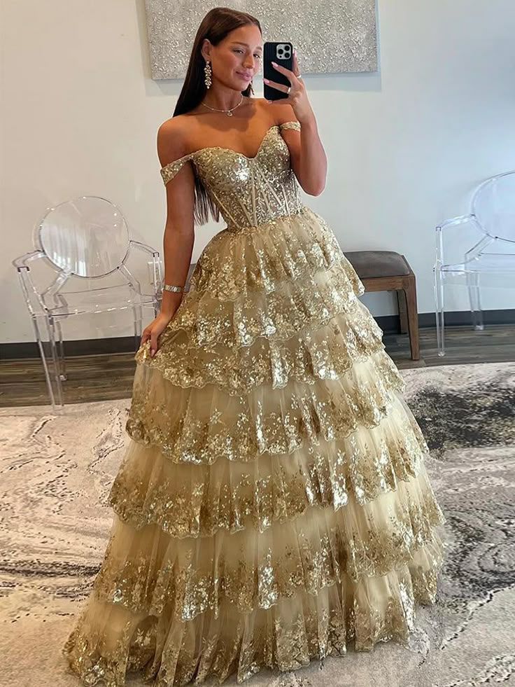 Elegantes Ballkleid aus der Schulter Gold Spitze Ballkleider Partykleid 21. Geburtstag Outfits Senior Graduation Kleid RB940