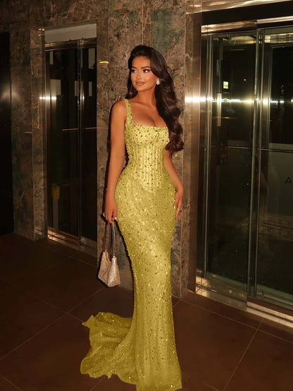 Elegant Mermaid Square Champagne Prom Dresses Party Dress 16th Birthday Outfits Senior Graduation Dress RB941