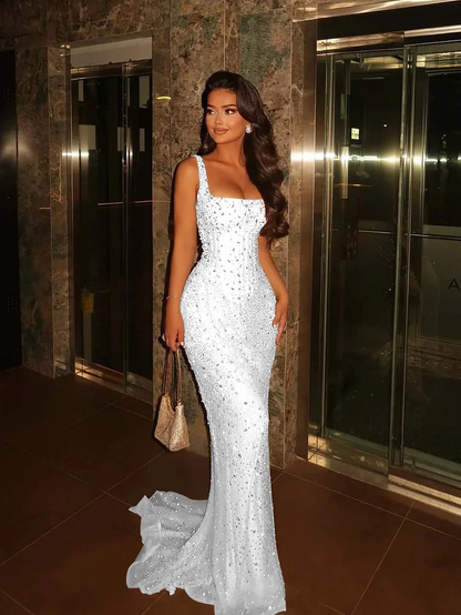 Elegant Mermaid Square Champagne Prom Dresses Party Dress 16th Birthday Outfits Senior Graduation Dress RB941