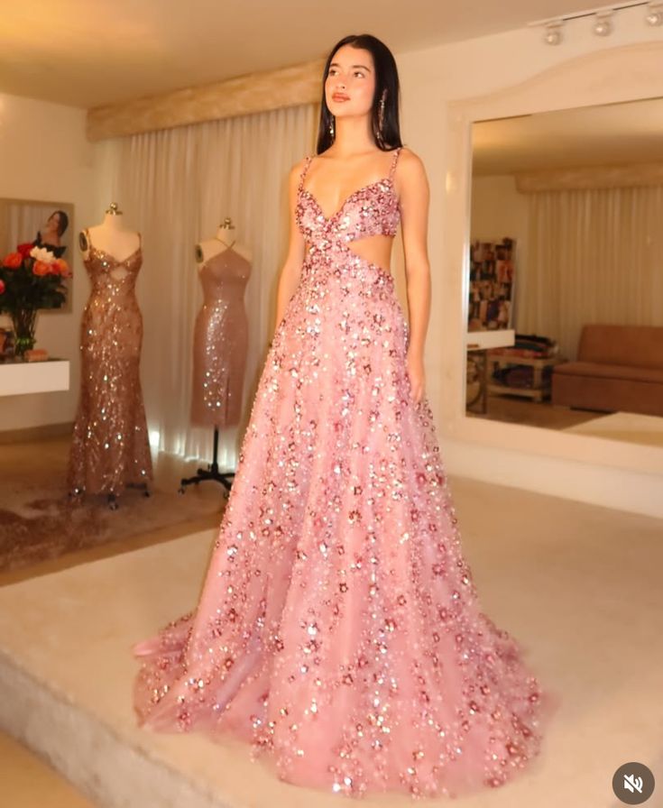 Robe de bal longue sexy à bretelles spaghetti et paillettes roses, robe de bal d'inspiration, robe de remise de diplôme, RB942