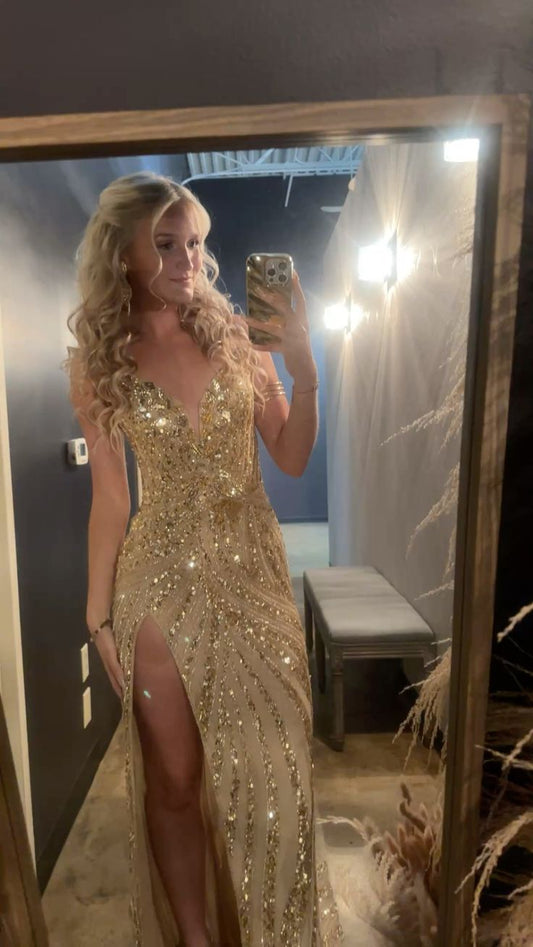 Sparkly Mermaid Spaghetti Straps Gold Sequins Prom Dresses Party Dress 22th Birthday Outfits Graduation Dress RB944