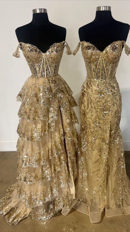 Elegant Ball Gown Off The Shoulder Gold Lace Prom Dresses Party Dress 21st Birthday Outfits Senior Graduation Dress RB947