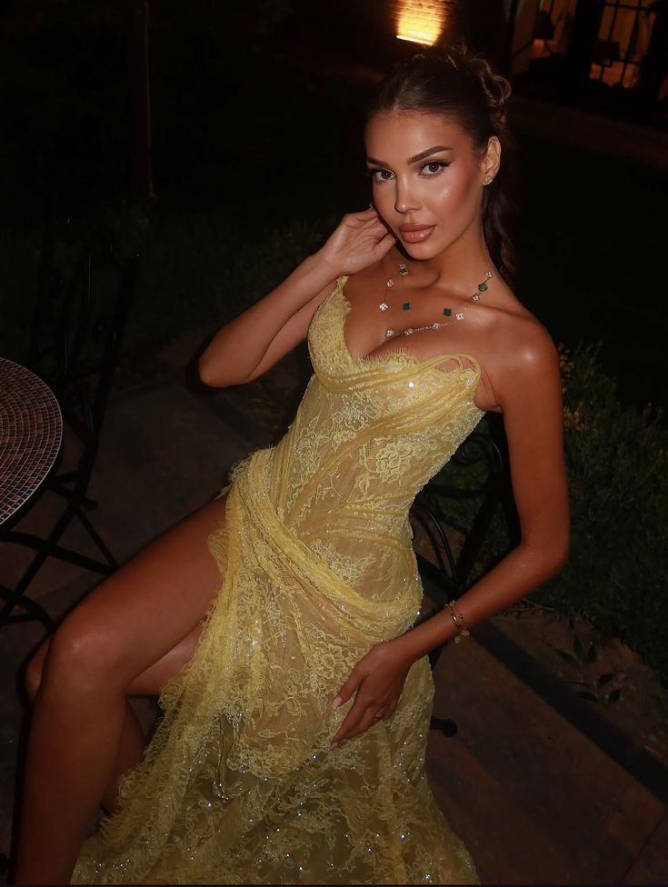 Unique Mermaid Sweetheart Yellow Lace Slit Prom Dresses Long Party Dress 21st Birthday Outfits Graduation Dress RB948