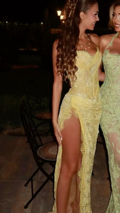 Unique Mermaid Sweetheart Yellow Lace Slit Prom Dresses Long Party Dress 21st Birthday Outfits Graduation Dress RB948