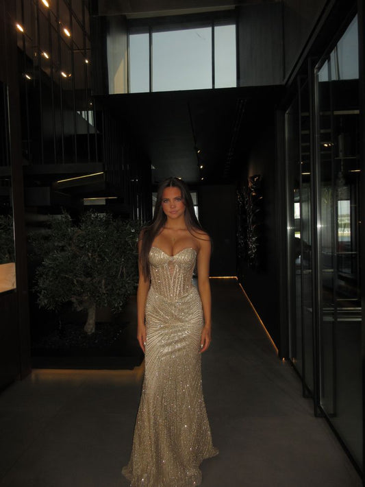 Unique Mermaid Sweetheart Champagne Sequins Prom Dresses Long Party Dress 21st Birthday Outfits Graduation Dress RB950