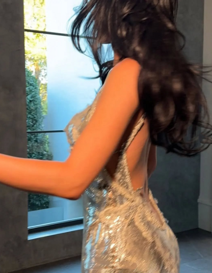 Robe de bal longue sirène sexy à bretelles spaghetti et paillettes dorées, robe de bal d'inspiration pour remise de diplôme RB951