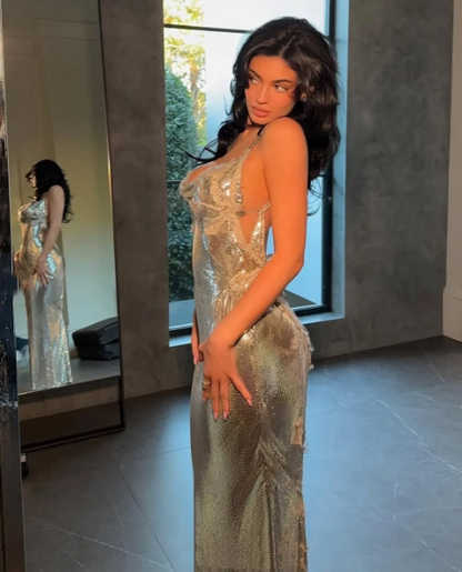 Robe de bal longue sirène sexy à bretelles spaghetti et paillettes dorées, robe de bal d'inspiration pour remise de diplôme RB951