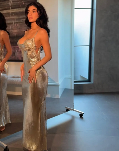Robe de bal longue sirène sexy à bretelles spaghetti et paillettes dorées, robe de bal d'inspiration pour remise de diplôme RB951