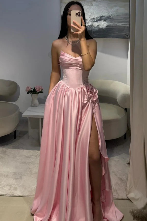 Robe de bal longue en satin rose, coupe trapèze, décolleté en cœur, tenue de soirée pour 23 ans, robe de remise de diplôme, RB954