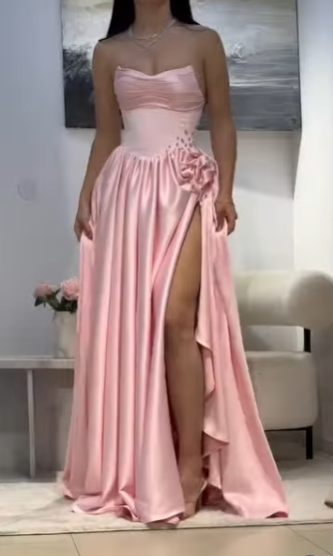 Robe de bal longue en satin rose, coupe trapèze, décolleté en cœur, tenue de soirée pour 23 ans, robe de remise de diplôme, RB954