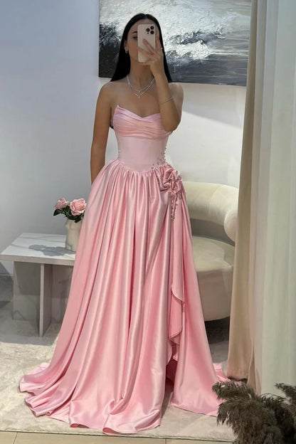 Robe de bal longue en satin rose, coupe trapèze, décolleté en cœur, tenue de soirée pour 23 ans, robe de remise de diplôme, RB954