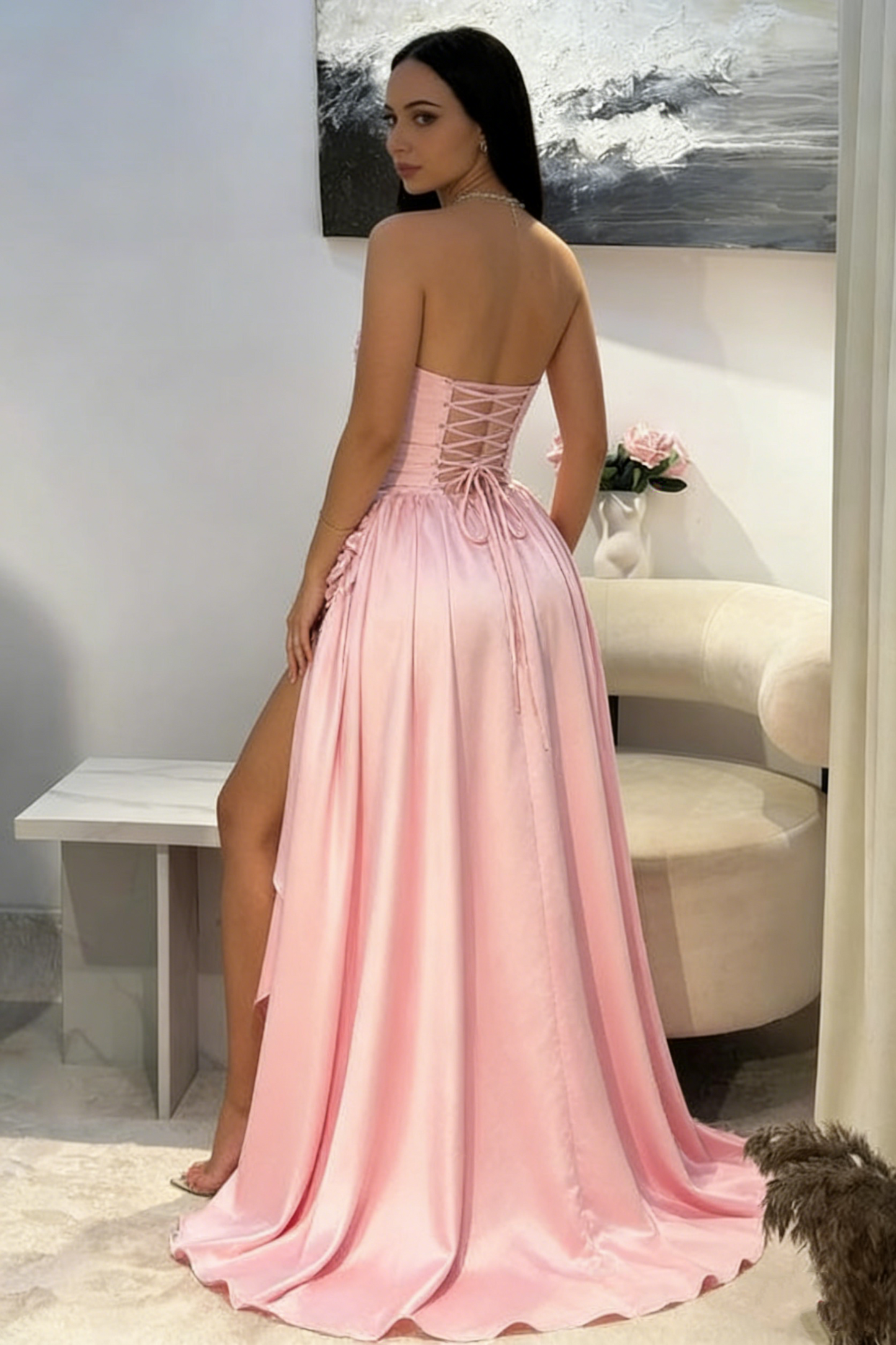 Robe de bal longue en satin rose, coupe trapèze, décolleté en cœur, tenue de soirée pour 23 ans, robe de remise de diplôme, RB954