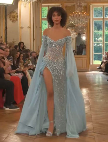 Robe de bal longue et sexy à épaules dénudées et paillettes bleu ciel, tenue de soirée pour 22 ans, robe de remise de diplôme, RB961