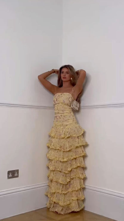 Robe de bal sirène sexy sans bretelles, motif floral, jaune, longue, tenue de soirée, pour 21e anniversaire, robe de remise de diplôme, RB969