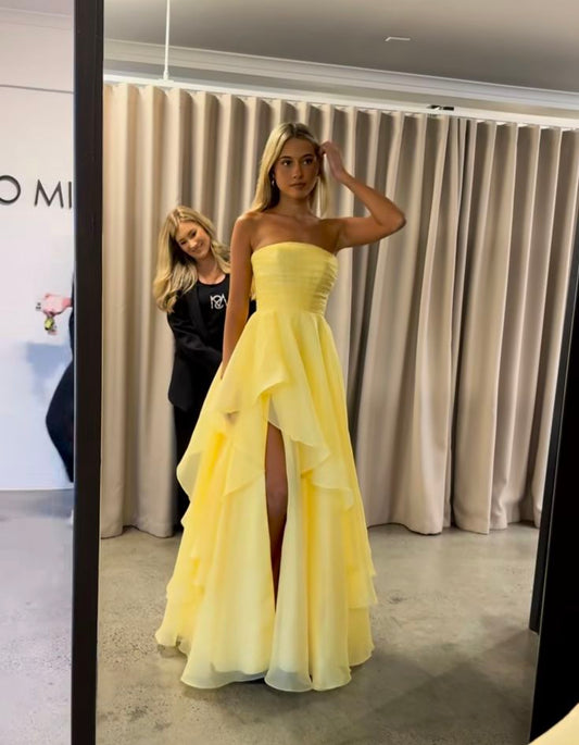 Robe de bal longue sans bretelles, jaune, fendue, tenue de soirée, 18e anniversaire, remise de diplôme, RB974