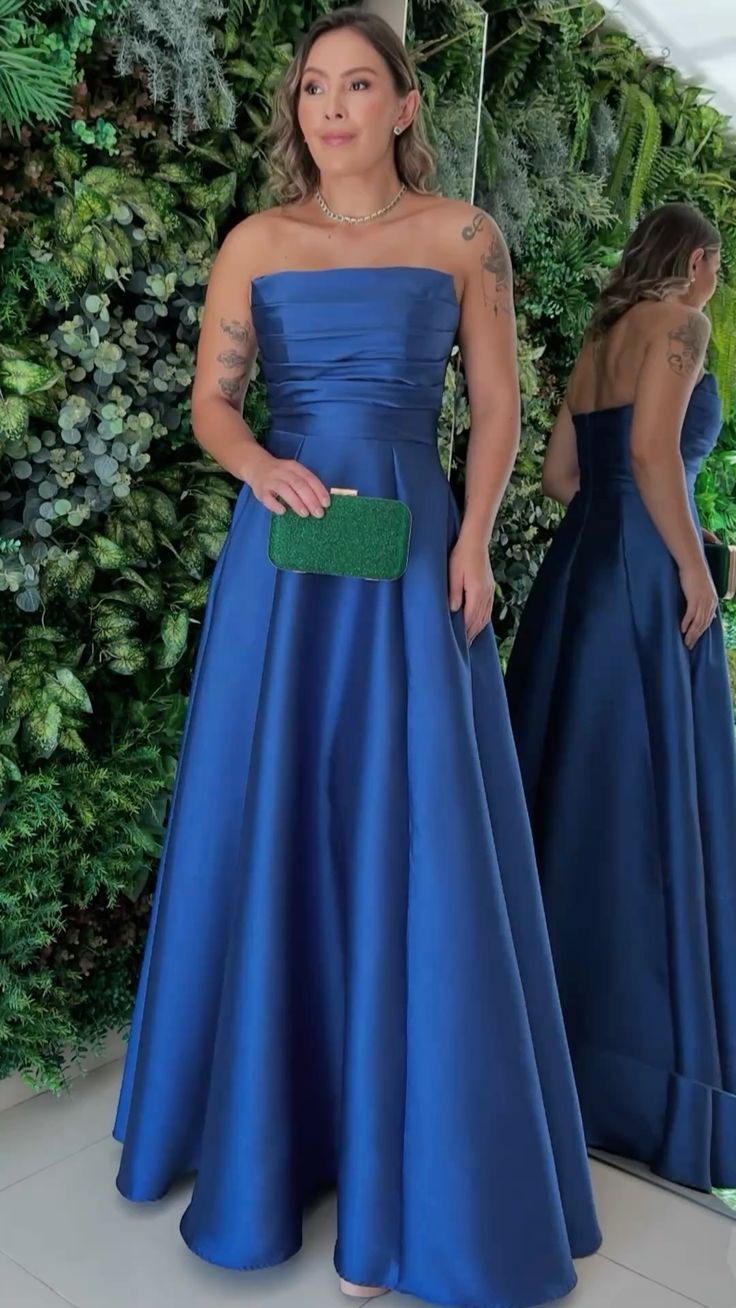 Robe de bal longue en satin bleu, coupe trapèze, sans bretelles, tenue de soirée, pour 18e anniversaire, remise de diplôme, RB986