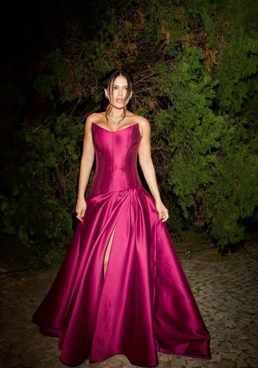 Ethereal Ball Gown Strapless Fuchsia Satin Prom Dresses Slit Long Party Dress 18th Birthday Outfit Graduation Dress RB997