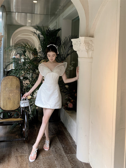 Sweet White Spaghetti Strap A-Line Satin Short Birthday Dress RF01002