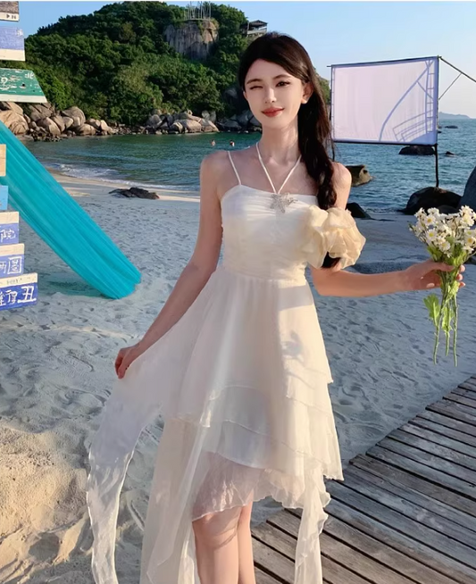 Simple White Spaghetti Strap A-Line Chiffon Short Summer Beach Dress RF01003