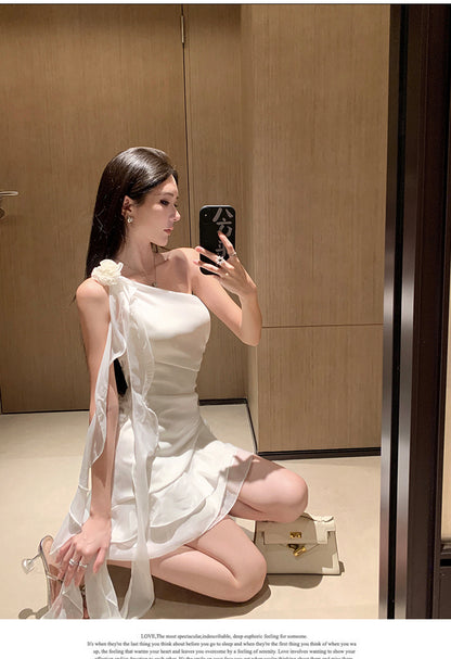 Elegant White One Shoulder Sheath Chiffon Short Birthday Party Dress RF01004