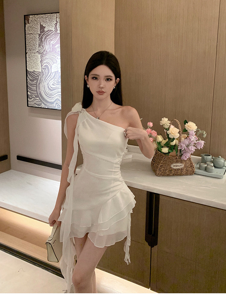 Elegant White One Shoulder Sheath Chiffon Short Birthday Party Dress RF01004