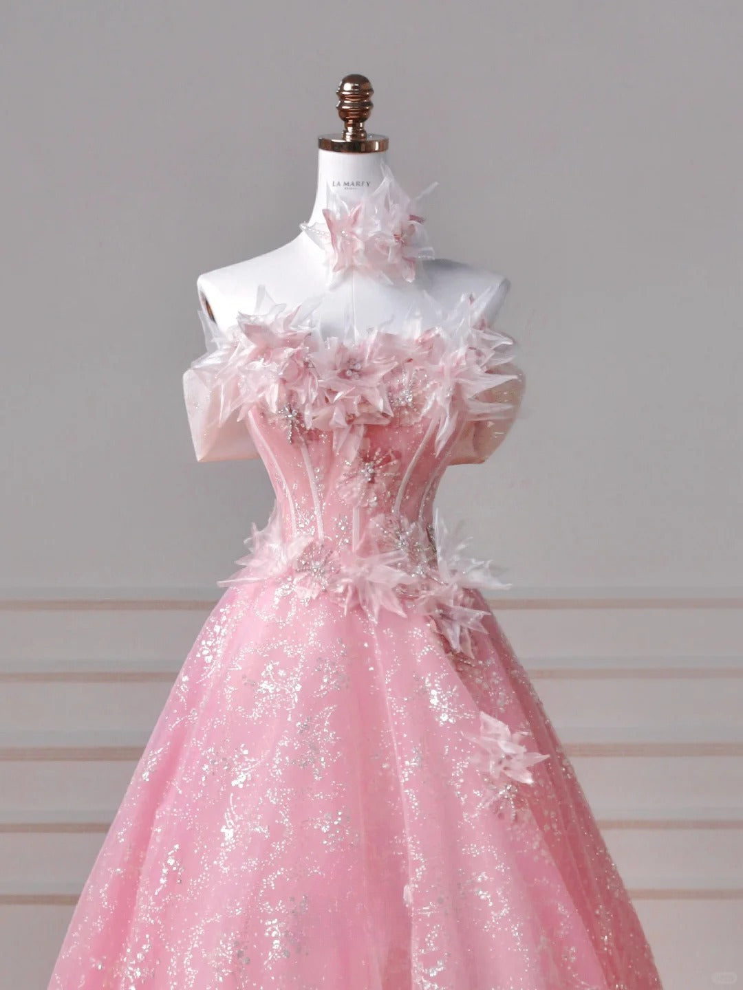 Gorgeous Pink Strapless A-Line Tulle Beaded Long Prom Dresses, Sweet 16 Dress  RF01007