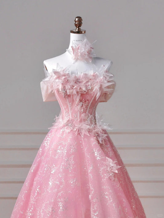 Gorgeous Pink Strapless A-Line Tulle Beaded Long Prom Dresses, Sweet 16 Dress  RF01007