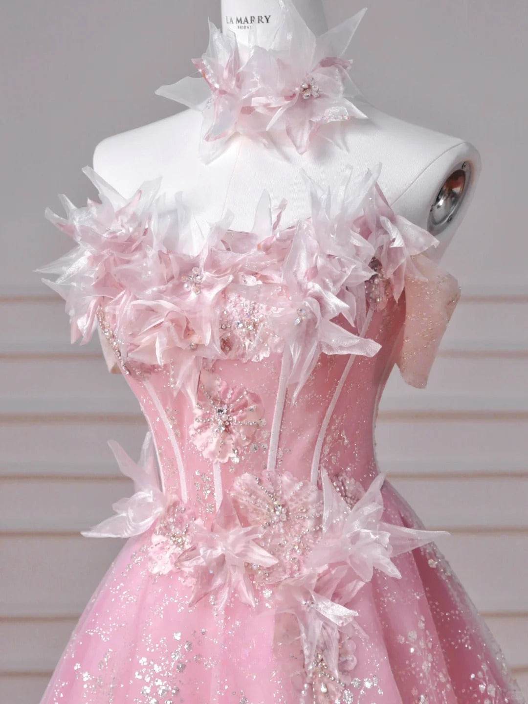 Gorgeous Pink Strapless A-Line Tulle Beaded Long Prom Dresses, Sweet 16 Dress  RF01007