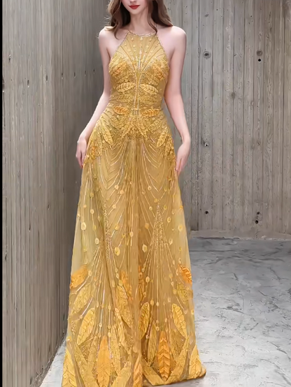 Robe de bal longue élégante dorée à col licou et perles, robe de soirée formelle RF01008