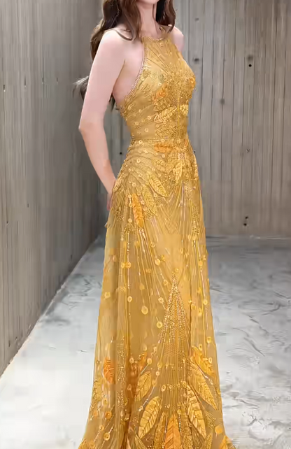 Robe de bal longue élégante dorée à col licou et perles, robe de soirée formelle RF01008