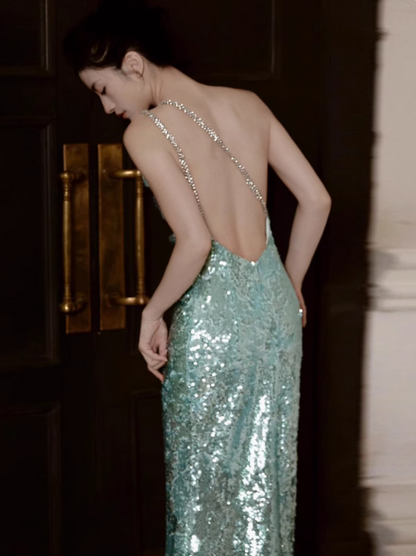 Sparkly Mint Green One Shoulder Sheath Sequin Backless Long Prom Dresses RF01009