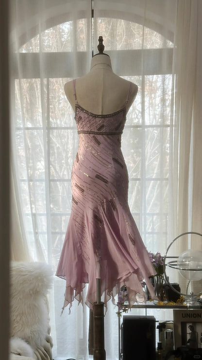 Vintage Pink Spaghetti Strap Sheath Beaded Chiffon Short Prom Dresses RF01010