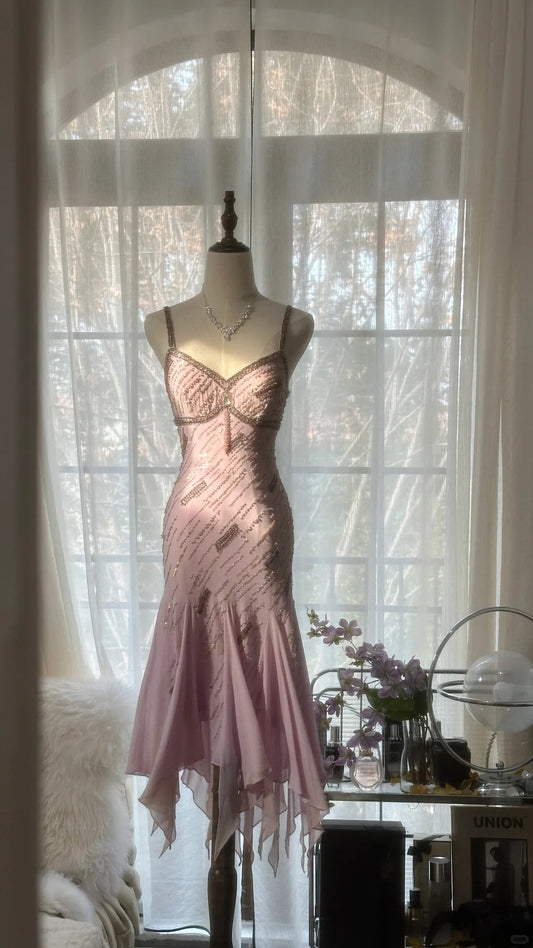 Vintage Pink Spaghetti Strap Sheath Beaded Chiffon Short Prom Dresses RF01010