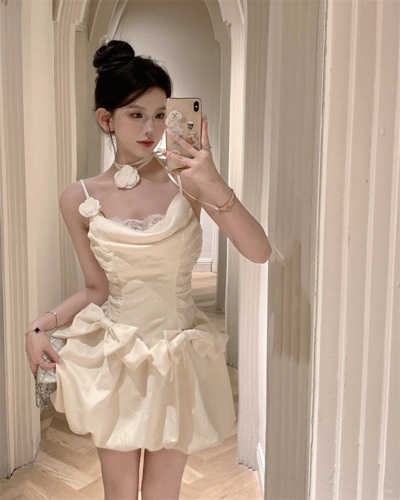 Pearl White A-Line Spaghetti Strap Satin Sweet Birthday Dress RF01011