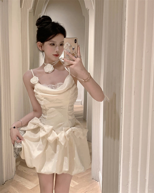 Pearl White A-Line Spaghetti Strap Satin Sweet Birthday Dress RF01011