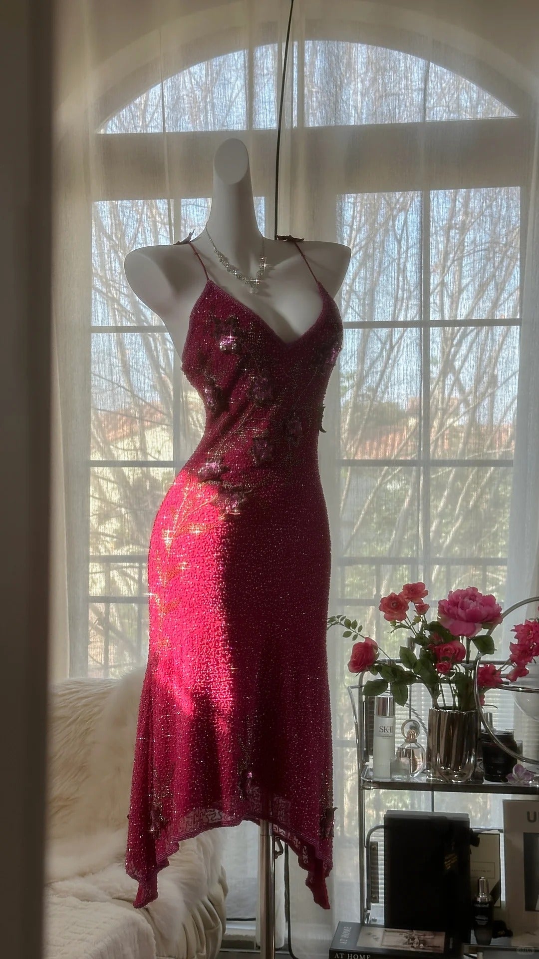 Elegant Red Spaghetti Straps Sheath Silk Beaded Short Prom Dresses with 3D Appliques RF01012