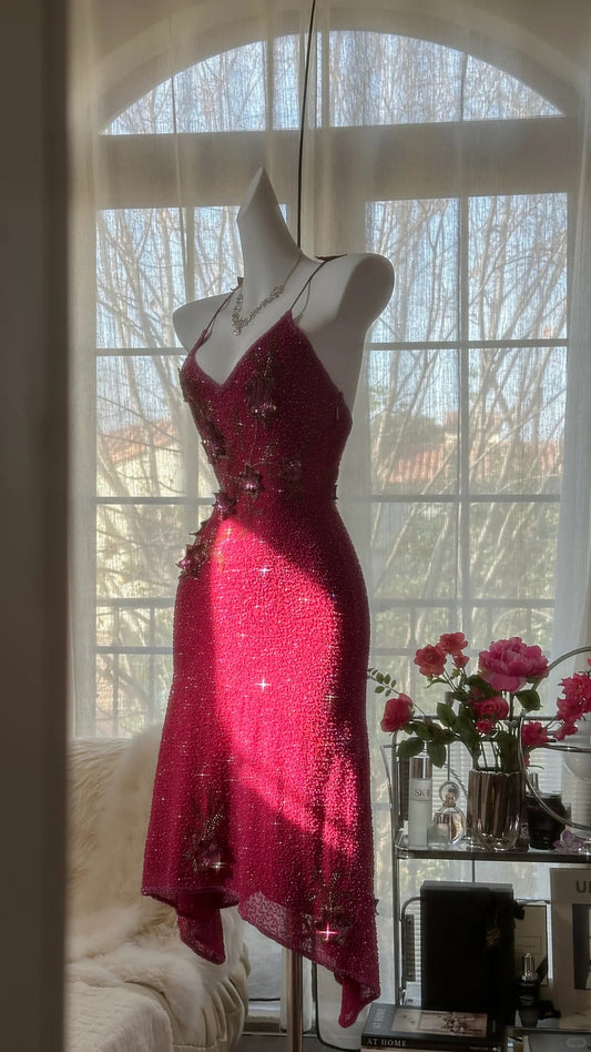 Elegant Red Spaghetti Straps Sheath Silk Beaded Short Prom Dresses with 3D Appliques RF01012